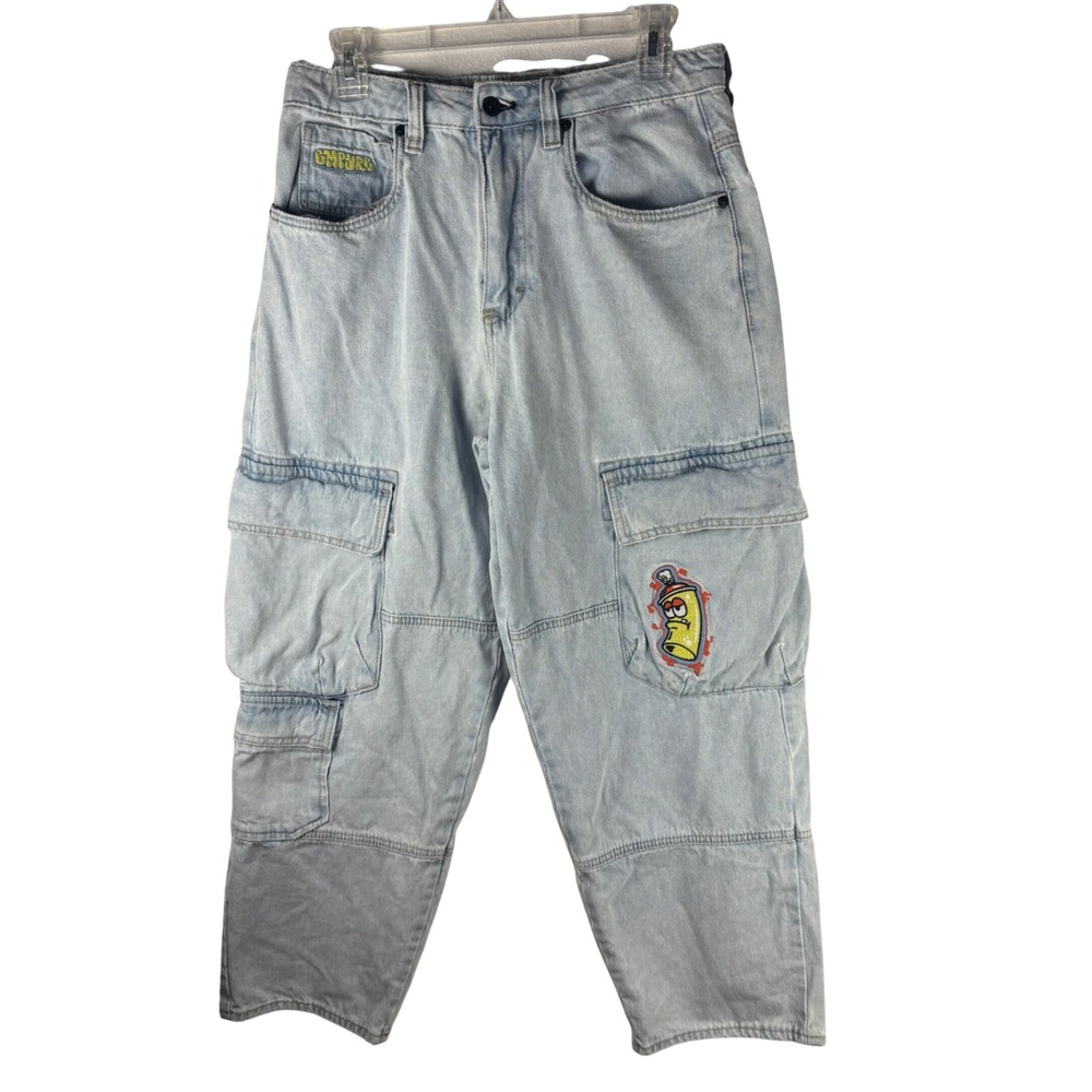 Empyre Looseβ Fit Cargo Jeans Light Wash Skate Graffiti Spray Can Womens 28x25.5